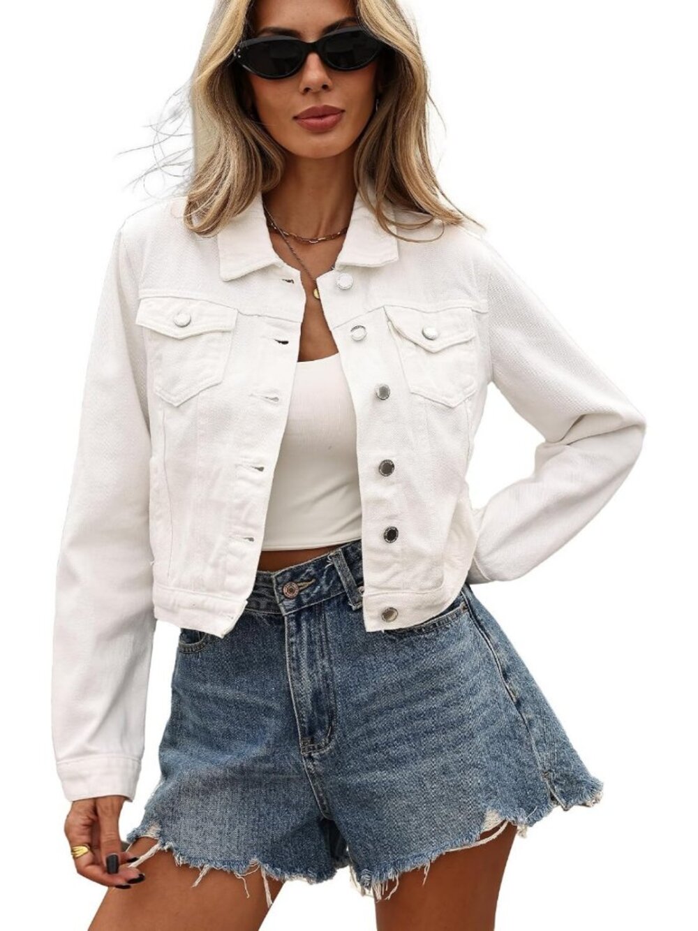 Cropped Denim Jean Jacket for Women | Stylish 6-Pocket Design, Trendy Outerwear